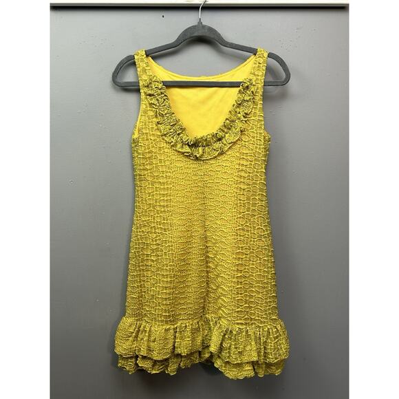 Muse Anthropologie Kick‎ Butt Dress Womens 4 Yellow Textured Short Ruffles - Picture 2 of 8